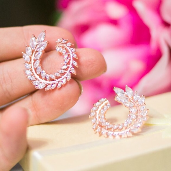 CZ Leaf Earrings - Picture 2 of 4